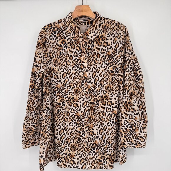Chicos 2 Leopard Button-Up Shirt tunic Womens Size XL No-Iron Cotton stretch - Picture 5 of 14